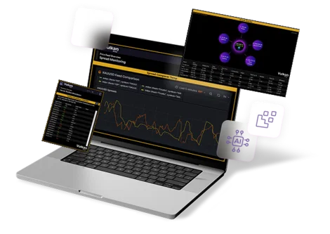 Portátil con Vulkan risk monitor mostrando paneles de trading para gestión de riesgos en tiempo real.